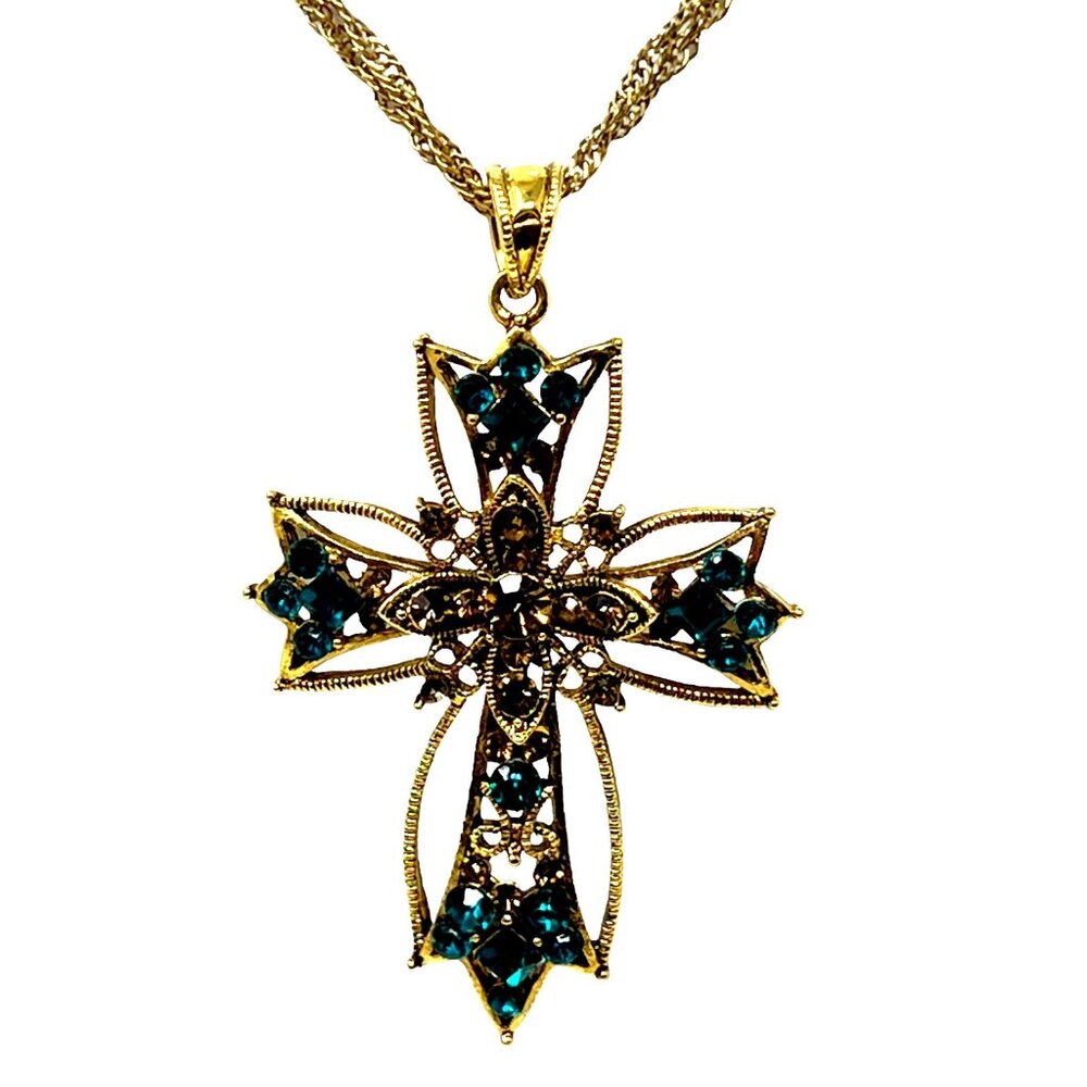 Vintage Monet Rhinestone Cross Necklace Green Teal Stones Gold Tone Filigree
